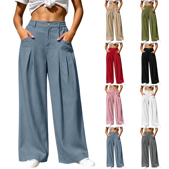 Women's Solid Cotton Winter Casual Pants, High Waist Elastic Waist Zipper Button Double Pocket Long Trousers, Soft All Season Daily Bottoms for Outdoor Seaside | TruHer,Army Green L