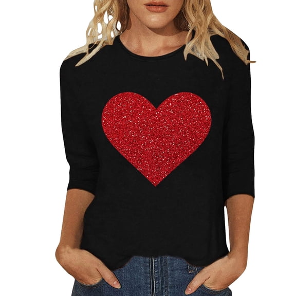 XIAOCHA Women's Glitter Heart T Shirt Three Quarter Sleeve Graphic Tee Casual Daily Wear Top