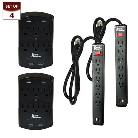 Royal Designs Black USB Power Strip and Wall Mount with 2 USB ports Bundle Set of 4