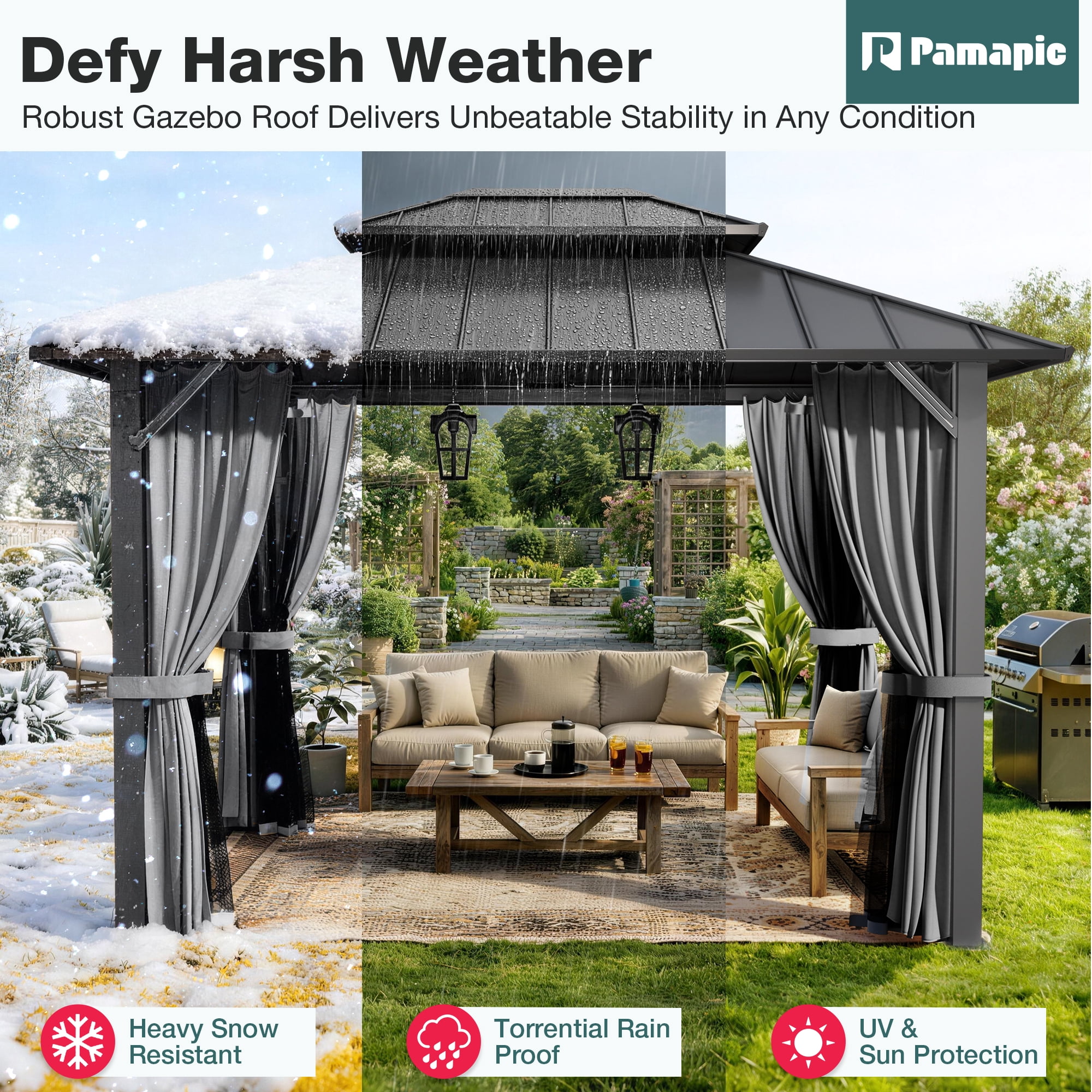 Pamapic 10x12 FT Hardtop Gazebo, Galvanized Steel Double Roof Outdoor Pavilion with Breathable Netting and Privacy Curtain, Black for Patio, Backyard, Deck, Lawn