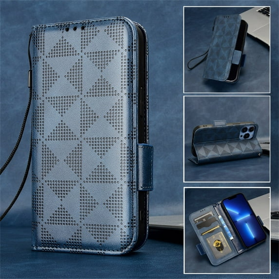 SaniMore Wallet Case for iPhone 14 Pro 6.1" 2022, Glitter PU Leather Case Triangle Pattern Card Slots Cash Pocket Kickstand Removeable Wrist Strip All-around Protective Magnetic Case, Blue