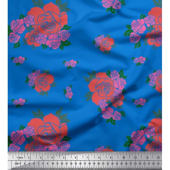 Soimoi Blue Japan Crepe Satin Fabric Leaves & Rose Floral Decor Fabric Printed Yard 42 Inch Wide