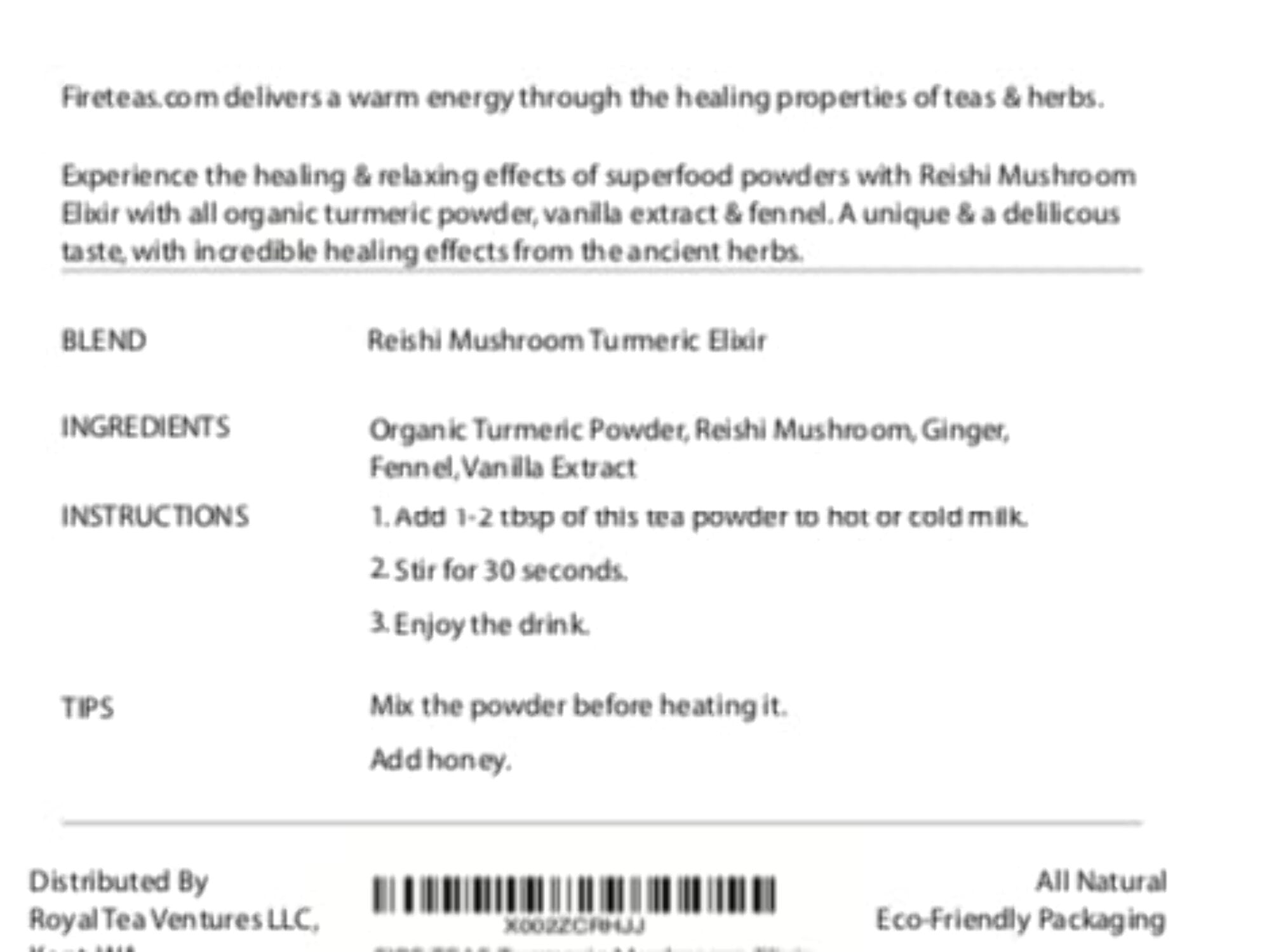 FIRE TEAS Reishi Mushroom  Turmeric Elixir Mix - Vanilla, Fennel Powder - Made in The USA