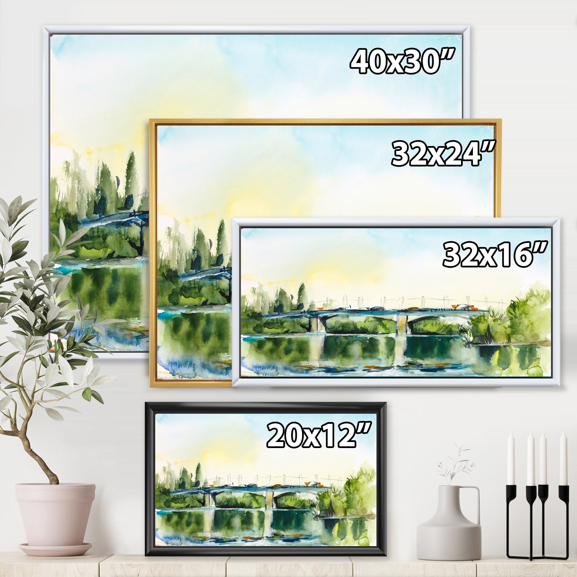 Designart 'Landscape With Old Bridge Over River In The Countryside' Traditional Framed Canvas Wall Art Print