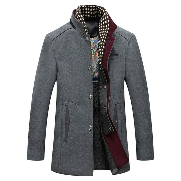 Mens Long Trench Coat Notched Lapel Casual Belted Windbreaker Winter Warm Overcoat Outdoor Wear Clothing, Grey, Size XXXL