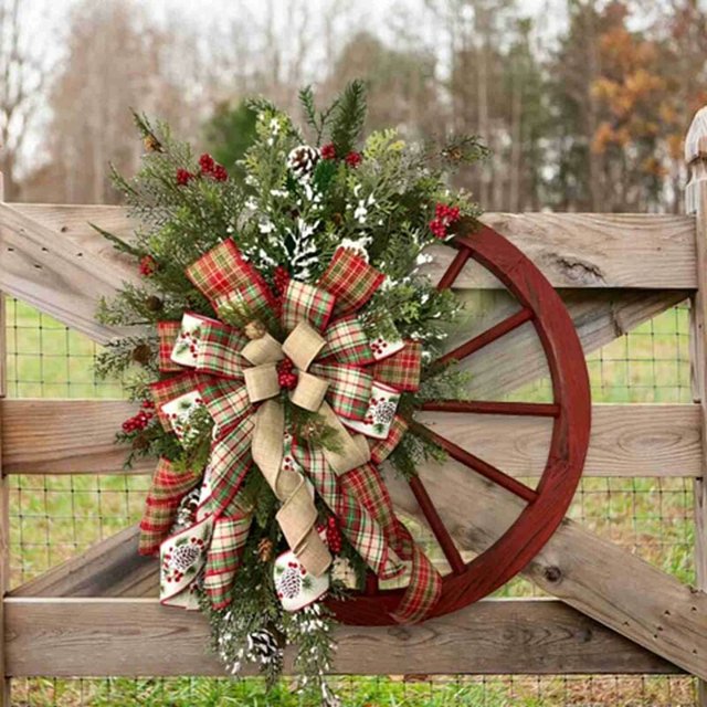 Decoraciones navideñas - Corona de Navidad para puerta de entrada, corona de invierno - Corona de rueda de carreta de granja, decoración del hogar para exterior, interior, arrecife, ventanas, pared, d