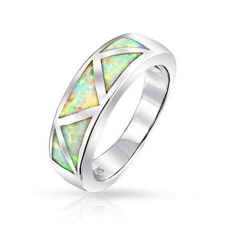 Geometric Triangle Art Deco Style Created Opal Inlay Band Ring For Women 925 Sterling Silver October Birthstone