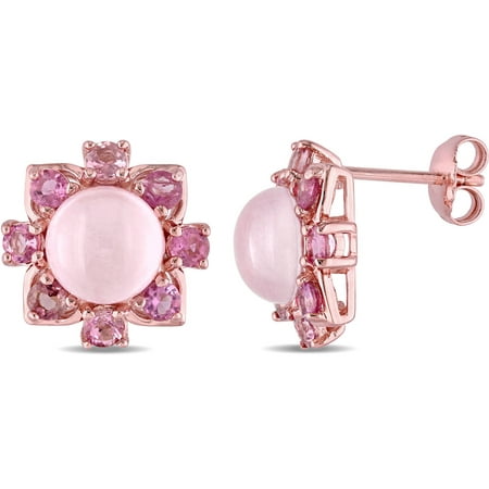 Tangelo 6-3/5 Carat T.G.W. Rose Quartz and Pink Tourmaline Rose Rhodium-Plated Sterling Silver Floral Stud Earrings