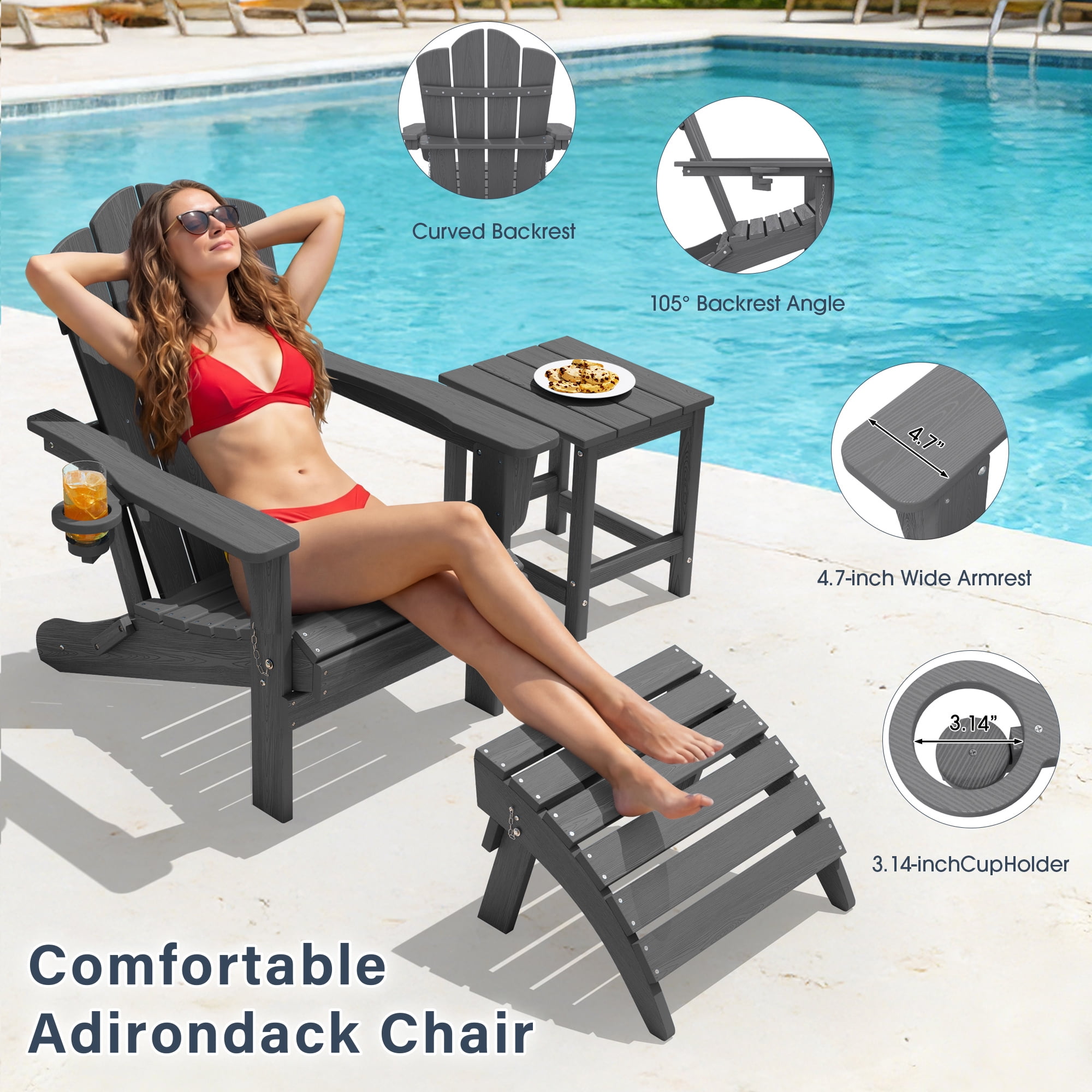 KINGYES Folding Adirondack Chair with Cup Holder, HDPE All-Weather Folding Adirondack Chair, Fir Pit Chairs for Patio Garden Backyard