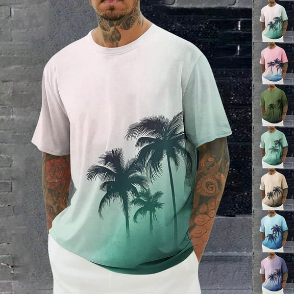 RYDCOT Men's Summer Graphic Coconut Tree Print Cotton Shirts Crew Neck Short Sleeve Tropical Ombre Tee Shirt White