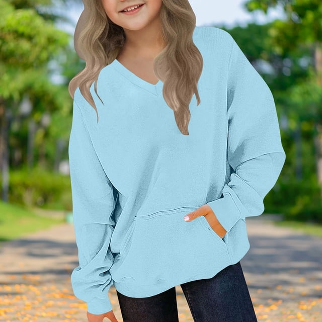 Blusas y camisas de manga larga con cuello redondo para niños y niñas, sudaderas casuales de manga larga, lindas sudaderas de gran tamaño con bolsillo de polar, chaquetas para niñas