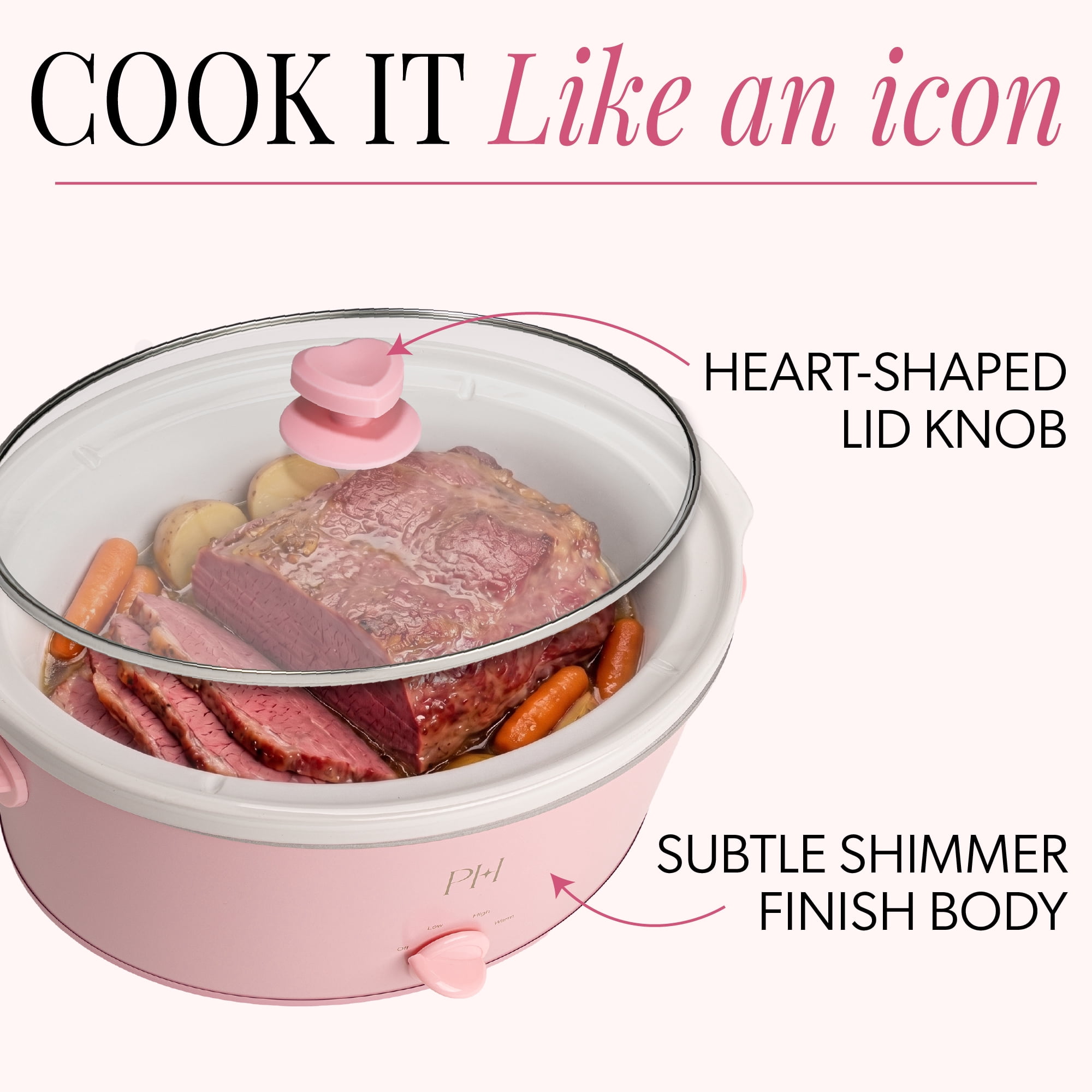 Paris Hilton 7-Quart Manual Slow Cooker with Removable Stoneware Pot and Tempered Glass Lid, 3 Heat Settings, Pink