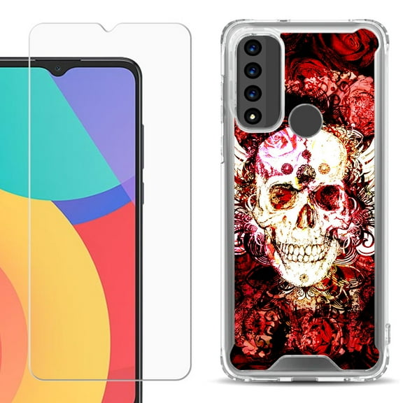 Shockproof Bumper Phone Case for TCL 20 XE, with Tempered Glass Screen Protector, by OneToughShield ® - Rose Skull