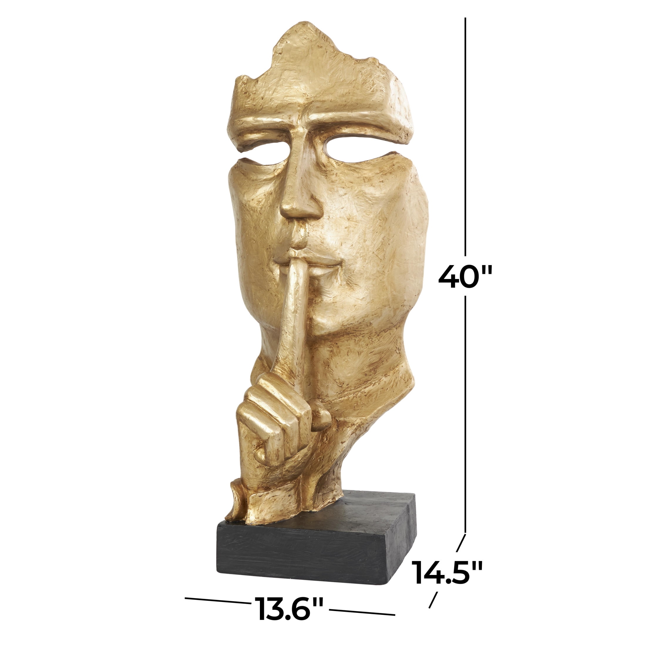 14" x 40" Gold Polystone Large Cutout Quiet Gesture Face People Sculpture with Black Base, by DecMode