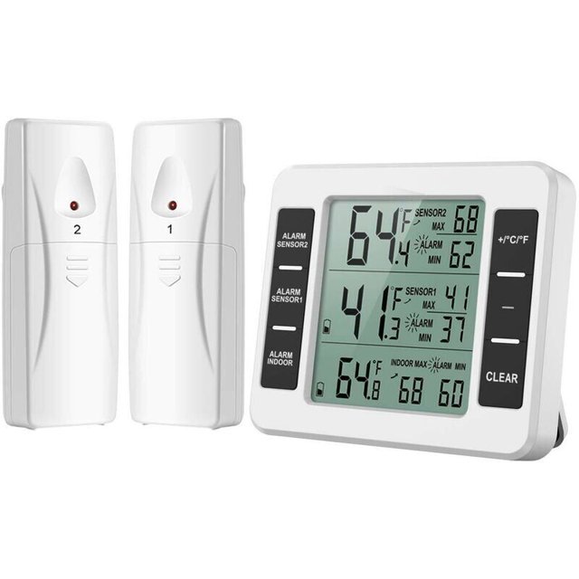 (Nueva versión) Termómetro para refrigerador AMIR, termómetro inalámbrico para interiores y exteriores, sensor de temperatura con alarma sonora, indicador de temperatura para congelador, cocina, hogar