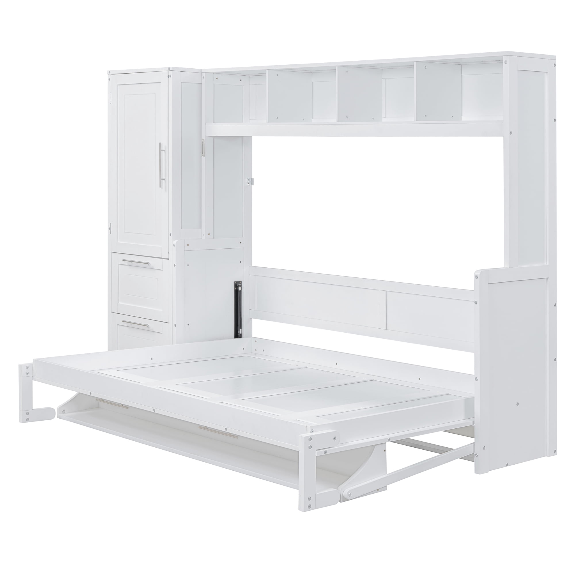 Full Size Murphy Bed Wall Bed with Closet, 2 Drawers and Open Shelves, for Space-Saving Guest Room