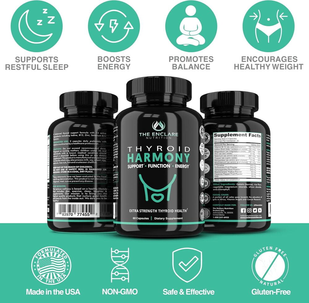 The Enclare Nutrition Harmony Thyroid Support Supplement with Iodine and Vitamin B12, Ashwagandha, Hormone Balance Thyroid Capsules for Women and Men, 60 Ct