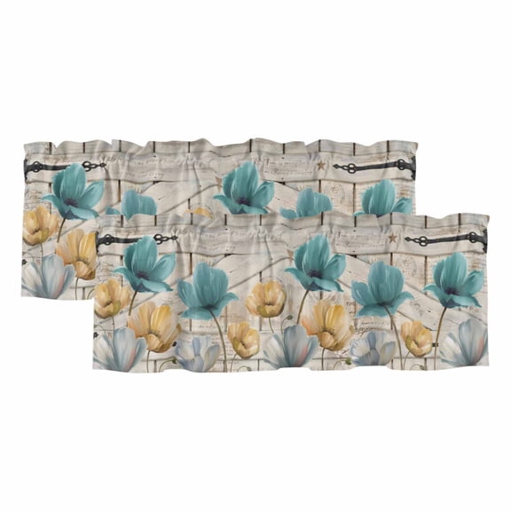 2 Pack Valances for Window, Watercolor Flowers Short Curtains for Kitchen Bedroom Living Room, Vintage Tulips Floral Barn Doors Wood Grain Small Window Treatment Valance Drapes 60 x 18 Inch
