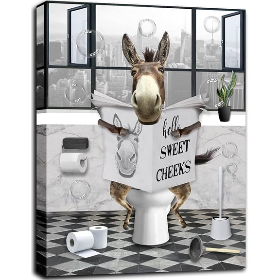 Aaheei Funny Donkey Sitting in Toilet Reading Newspaper Poster Canvas Wall Art for Toilet Bathroom