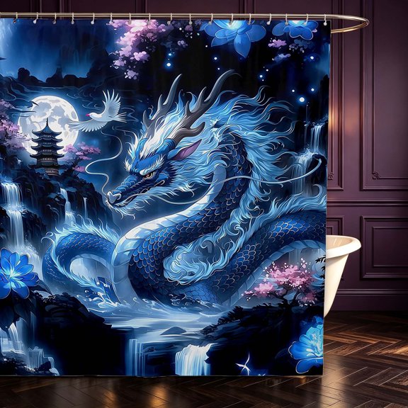 Manfei Traditional Eastern Dragon Animals Shower Curtain 72Wx72L,Flower Crane Bathroom Curtain,Navy