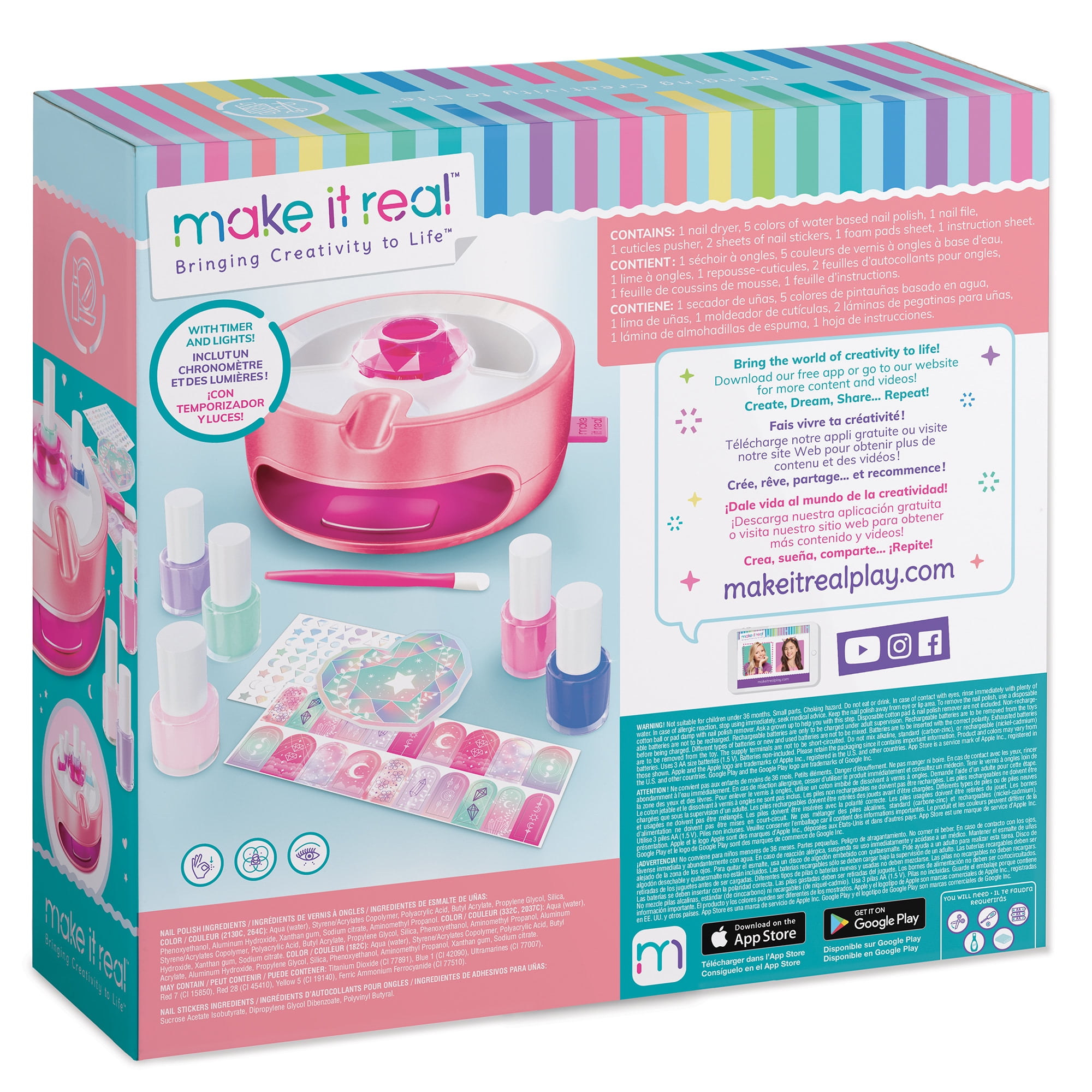 Make It Real: Light Magic Nail Dryer - Complete Nail Art Boutique, 12 Piece Set, At Home Manicure & Pedicure, Tweens & Girls, Dries Your Manicure In A Breeze, All-In-One Nail Kit, Kids Ages 8+