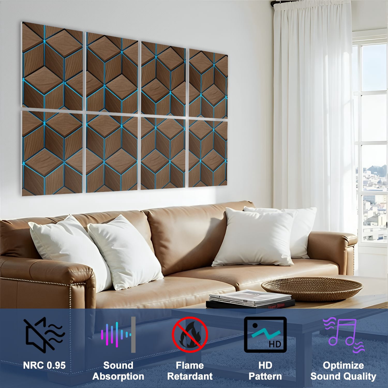8 Pack Art Acoustic Panels Sound Absorbing Geometric Wooden Cube Tessellation Blue Lines Natural Wood Decorative Soundproof Wall Panels Self Adhesive for Nursery Game Room Bedroom 48"x32"