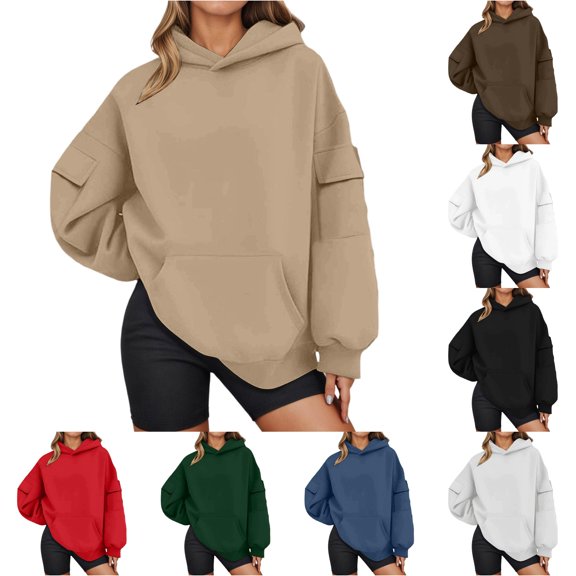uvwlwu Womens Cargo Sleeve Pocket Oversized Hoodie Long Sleeve Kangaroo Pocket Soft Street Cargo Fall Winter Casual Pullover Sweatshirt,L