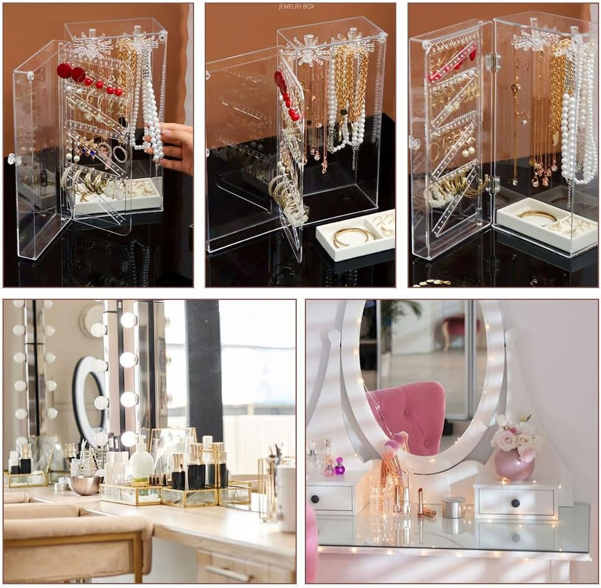 1 pc Rectangle Plastic Jewelry Organizer Storage Box with 24 Hooks 72-Slot Rotatable Hanging Necklace Holder with Dust-proof Velvet Jewelry Tray