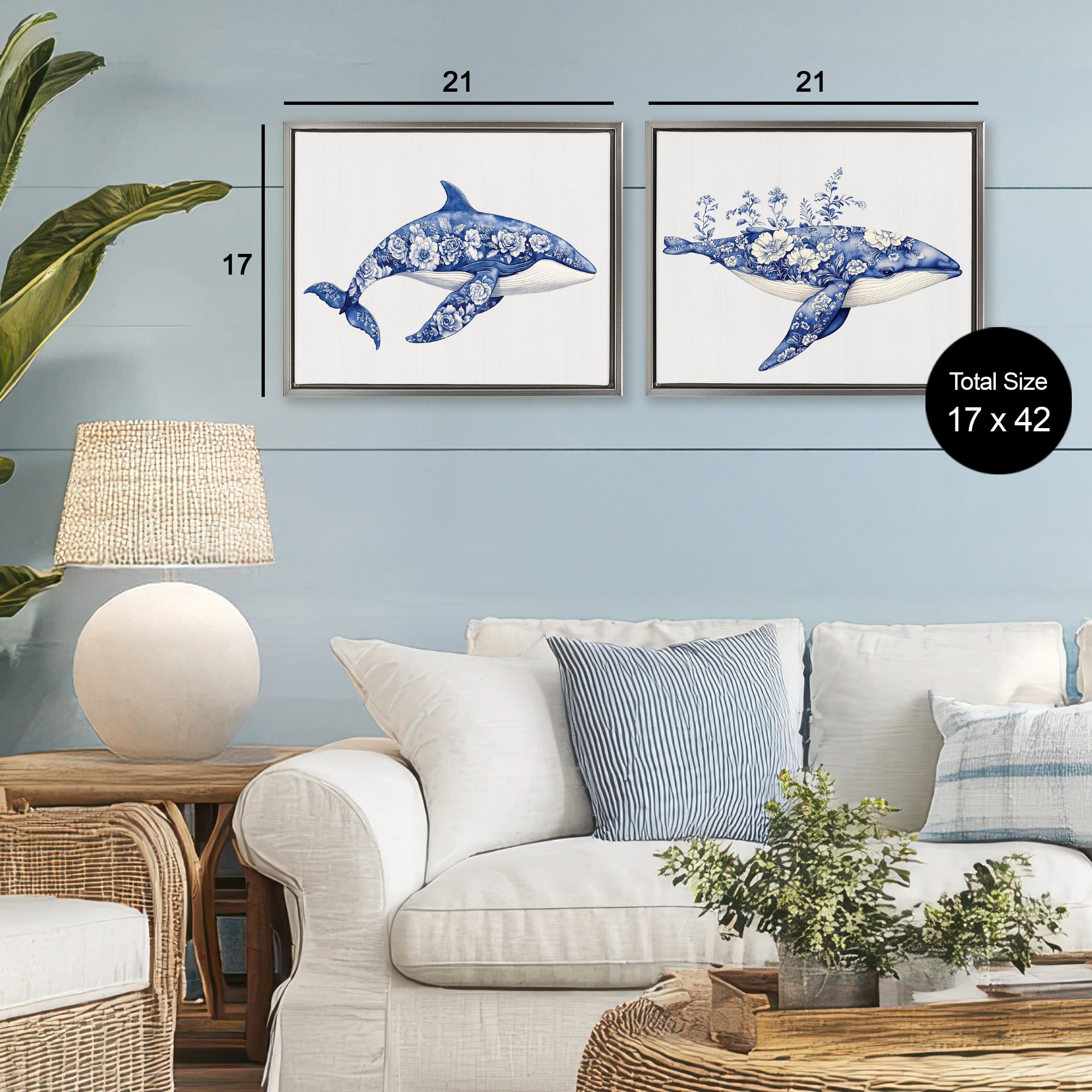 Blooming Toile Pattern Whales 2 Piece Gray Framed Floater Canvas Set, design by Lettered and Lined