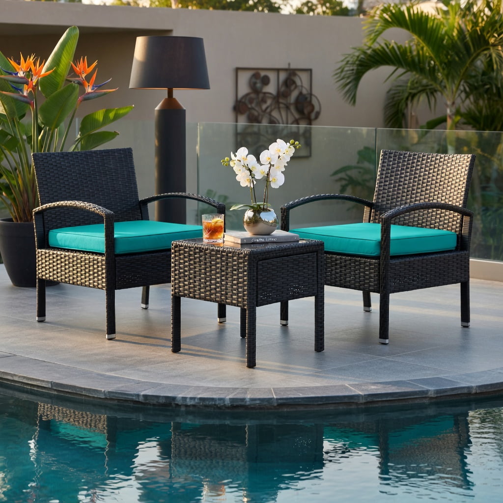 Hommoo 3-Piece Outdoor Rattan Patio Conversation Set, Wicker Chairs & Cushions with Tempered Glass Coffee Table, Turquoise