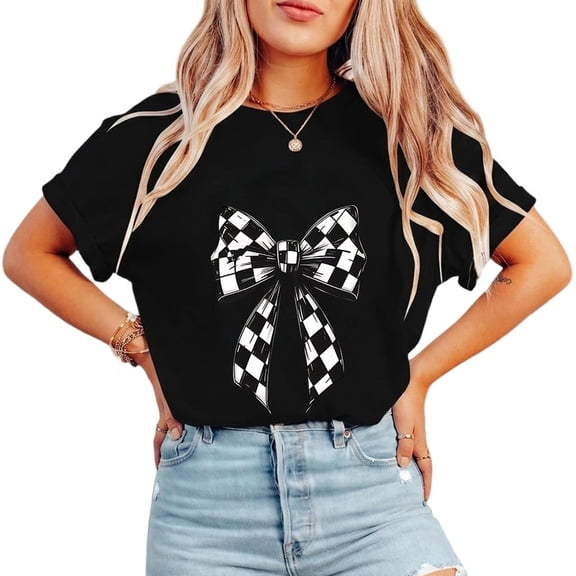 Black & White Checkered Bow Print Tshirts for Womens Trendy Graphic Tees Casual Short Sleeve Tops Cotton Shirts for Daily Outfits Black,S