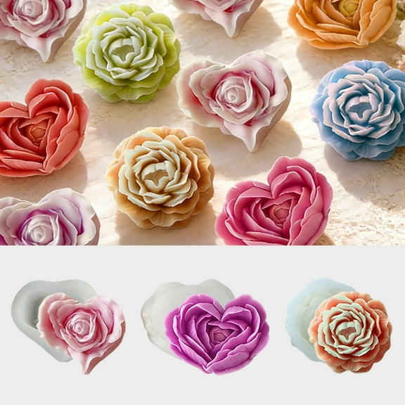 Rose Peony Flower Mold，3D 2PCS Heart-Shaped Rose and 1PCS Peony Flower Candle Silicone Molds for Making Candle Resin Pillar Aromatherapy Candles Gypsum Wax Soap Epoxy Resin Craft Valentine's Day Gift