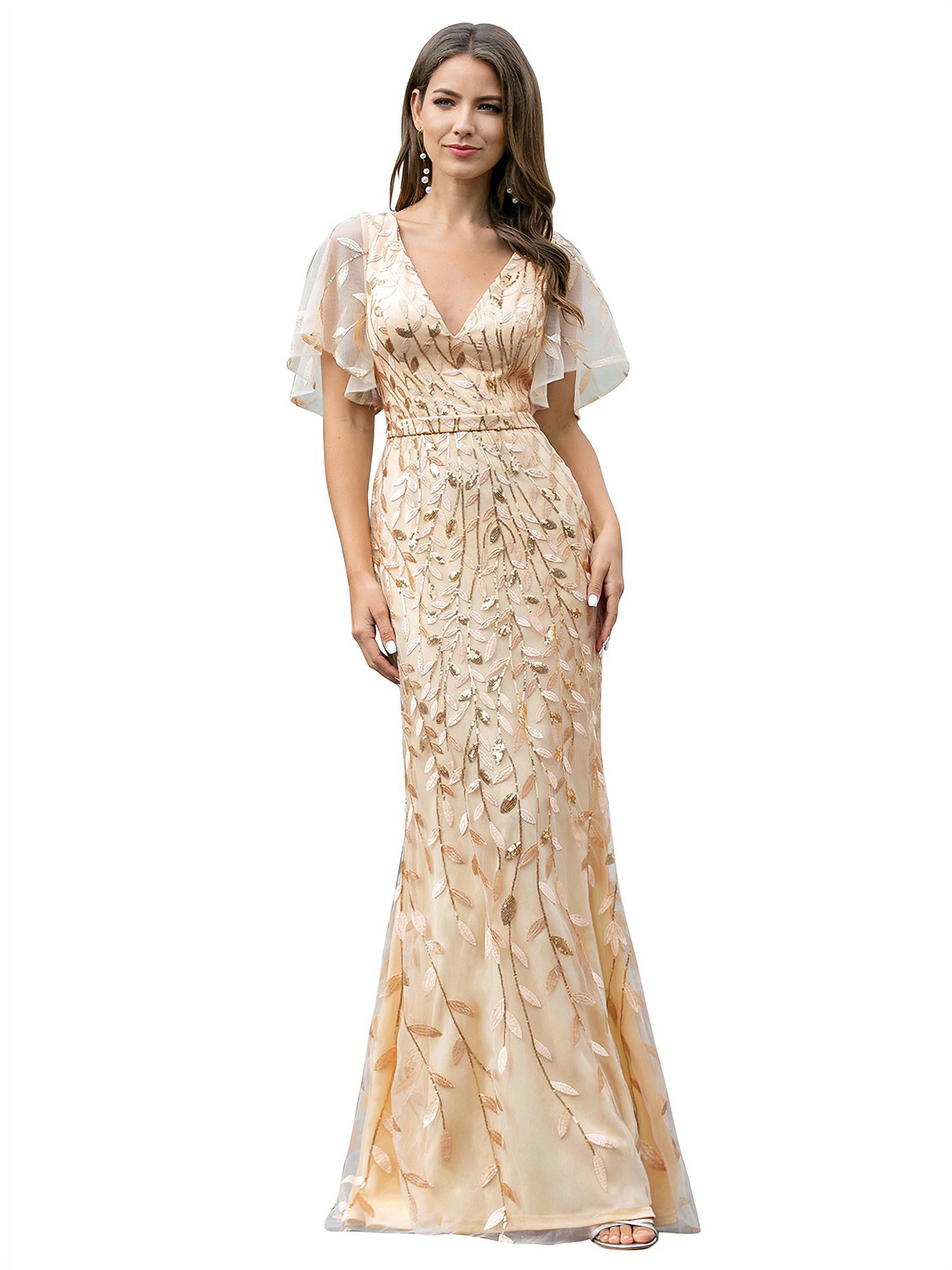 Ever Pretty Women Sparkling Gradual Champagne Gold Sequin Mermaid Cap Sleeves Evening Dress Prom Dress 08999