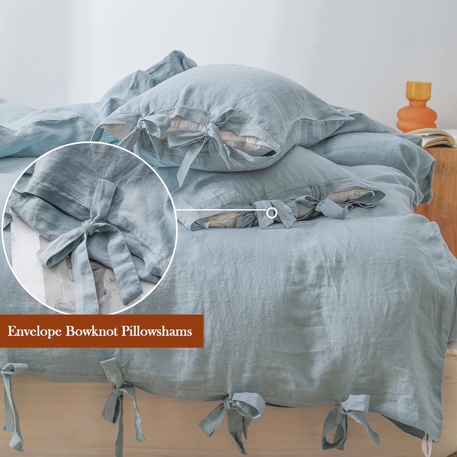 Simple&Opulence 100% Linen Duvet Cover Set, 3 Piece Belgian Flax Breathable Bedding, King Size 104''x92'' (1 Comforter Cover+2 Pillowshams) with Tie Closure Style,Dusty Blue