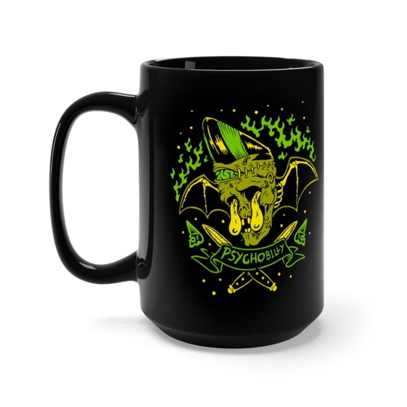 Psychobilly Pompadour Zombie Bat Coffee Mug, 15oz, Black