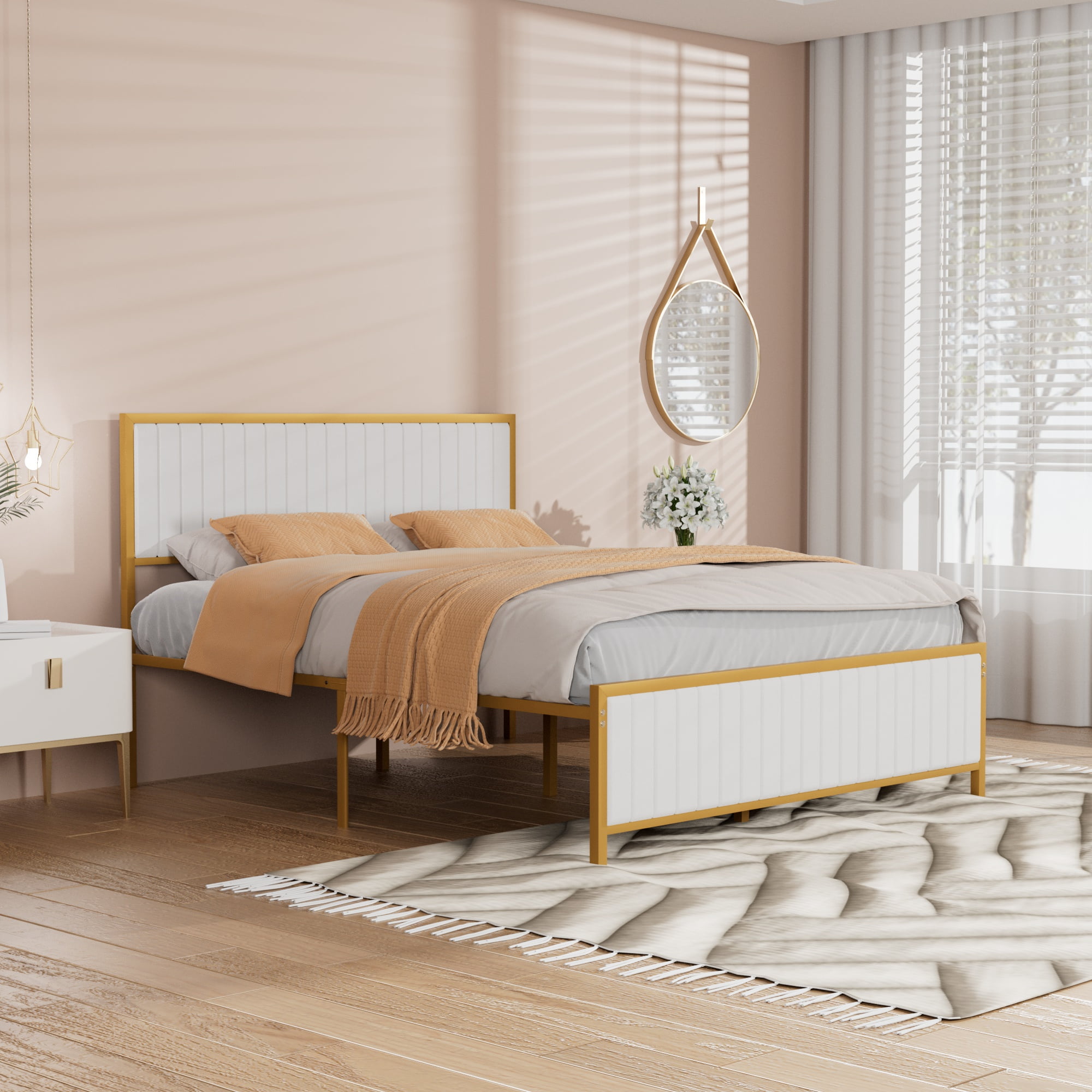 VECELO Queen Size Metal Platform Bed Frame, Modern Upholstered Bed Frame with Velvet Tufted Headboard and Footboard, No Box Spring Needed, Gold & Beige