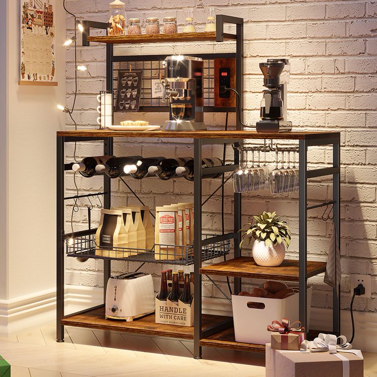 17 Stories 35.4” Bakers Coffee Bar Station Kitchen Storage Rack with Power  Outlet, Microwave Stand, Wire Basket, 6 S-Hooks, Kitchen Shelves & Reviews