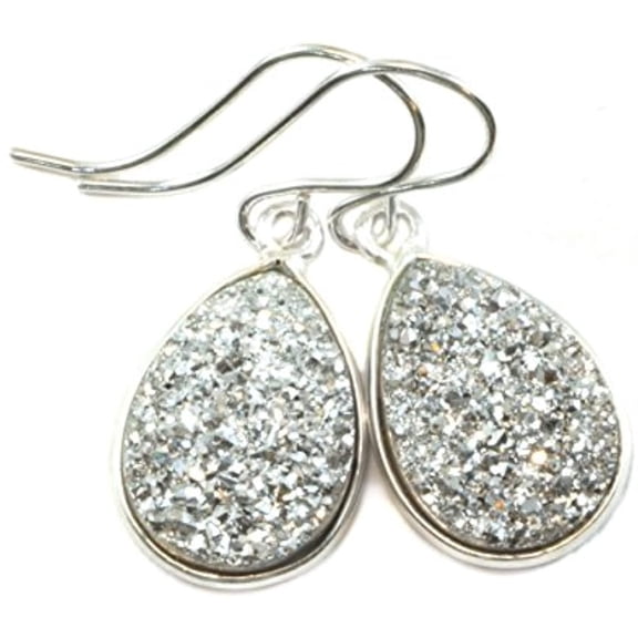 Sterling Silver Drusy Earrings Silvery Druzy Teardrop Silvertone Bezel Set Simple Drops Designed for Adult Women and