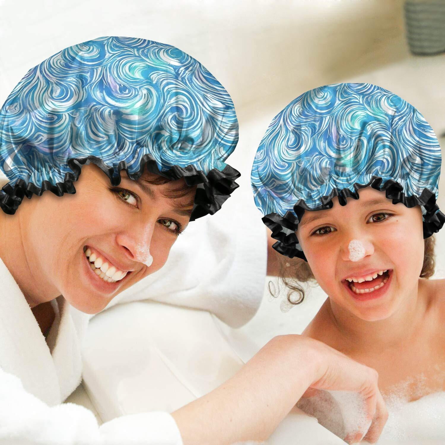 Shower Caps,Blue White Tie Dye Wave Pattern Waterproof Shower Cap for Women 4 Pieces,Double Reusable Hair Cover for Shower PEVA Elastic Stretch Hem