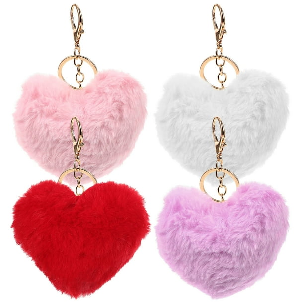 KAKOWELY 4 llaveros de corazón de San Valentín, llavero de peluche con forma de corazón, colgante para mochila o bolso, decoración.