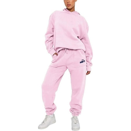 Silver Basic Autumn And Winter Two-piece Women s Cotton Sportswear Set Y2K Hooded Sweatshirt With Letter LOGO Printed Pullover And Jogging Pants 3XL Pink-1