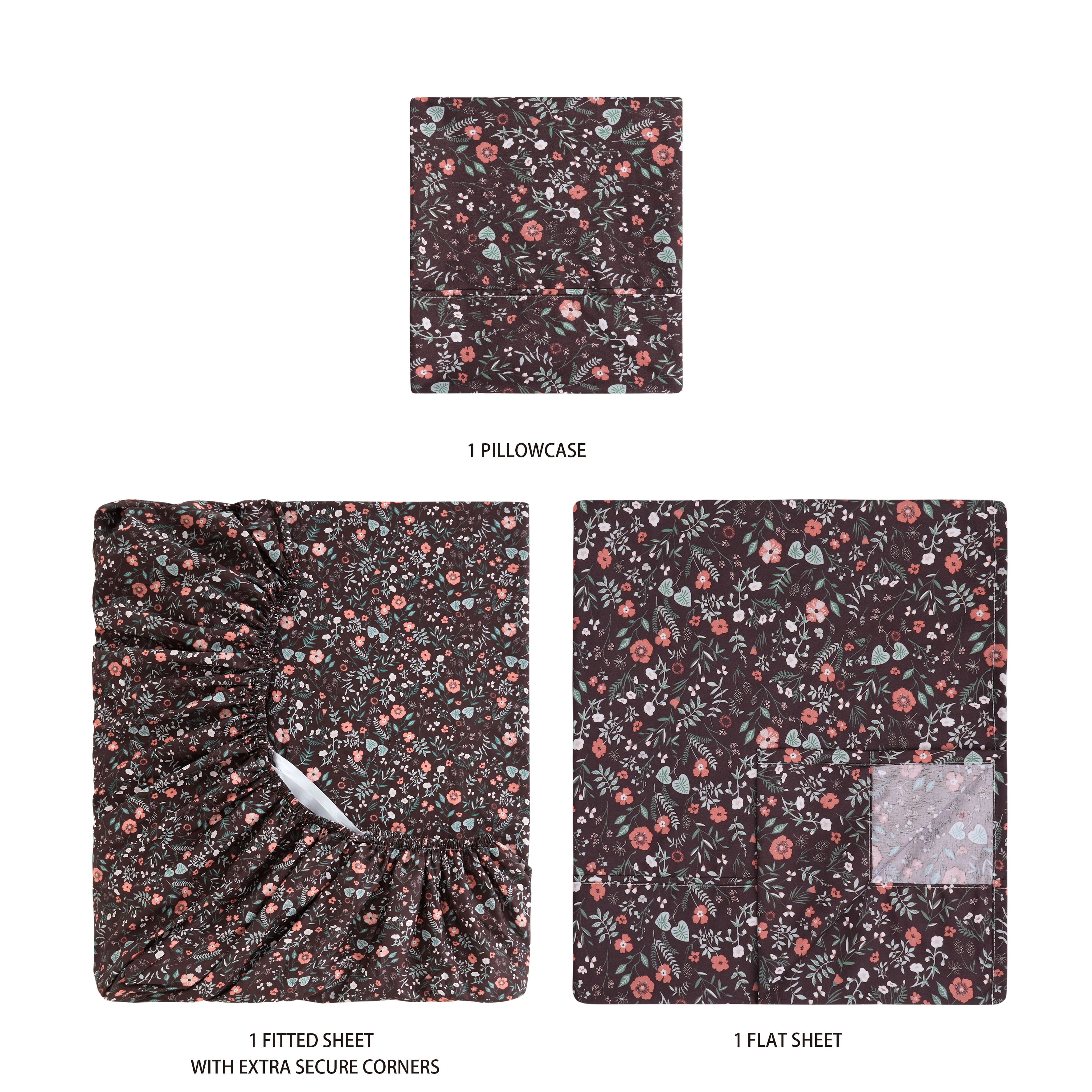 Mainstays Super Soft Brushed Microfiber Bed Sheet Set, Dark Brown Floral, Twin-XL, 3 Piece