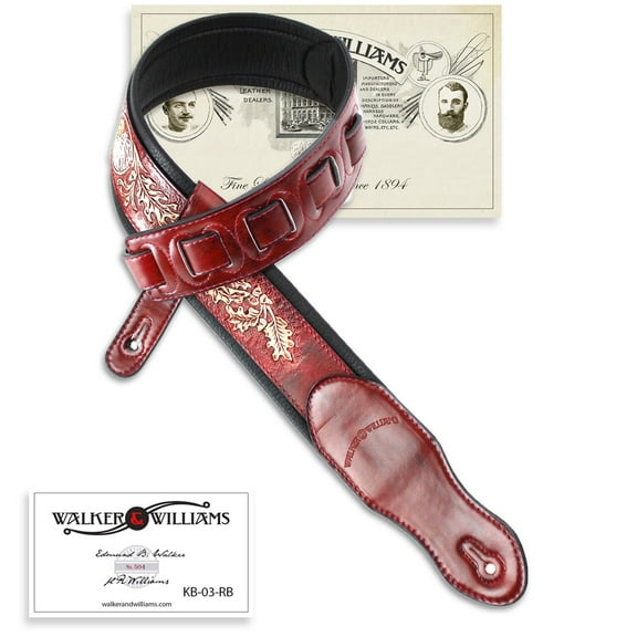 Walker & Williams KB-03-RB Mahogany Brown Full Grain Center Block Carving Leather Padded Guitar Strap With American Eagle & Oak Leaves