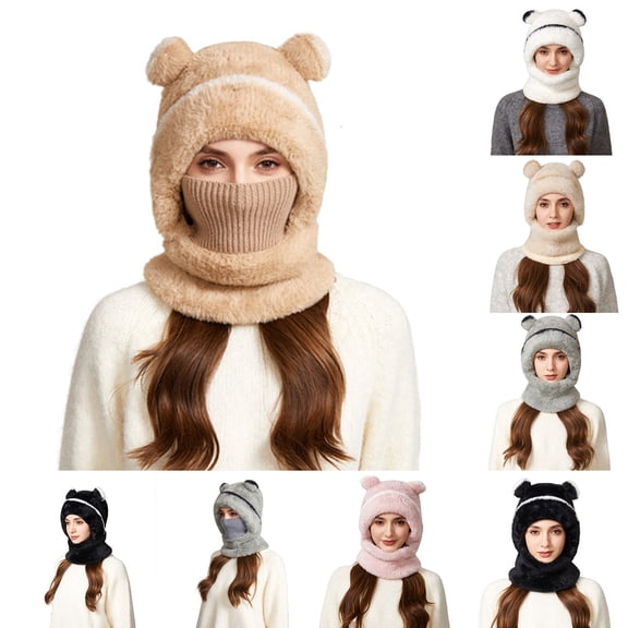 Umfun Women's Cute Animal Ear Balaclava Hat Winter Warm Fleece Lined Ski Mask Hooded Scarf Neck Warmer Cold Weather Outdoor Sports Cycling Skiing Windproof Headwear