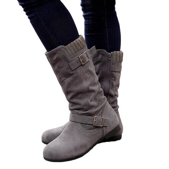 Rokment Womens Retro Slouch Mid Calf Flat Boots Comfortable Casual Buckles Suede Knit Patchwork Round Toe No Heels Dress Booties Fall Winter