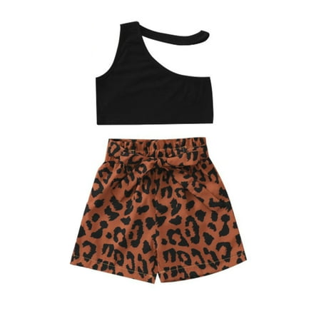 

Baby Girl Auntie Outfits KIds Toddler Baby Girls Sleeveless Solid Vest Tops Leopard Print Shorts Pants 2PCS Set