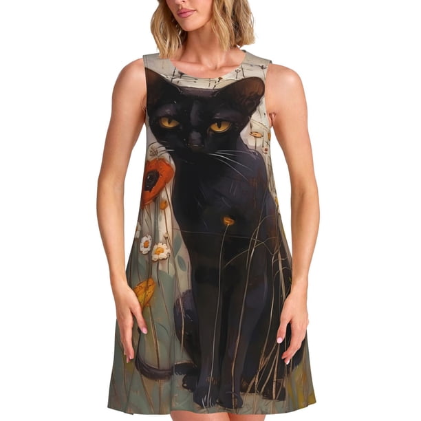 Fotbe Black Cat in Wildflowers Vestido de Verano sin Mangas para Mujer – Vestido Midi Línea A, Estilo Camiseta Floral, Vestido Playero Casual y Fluido