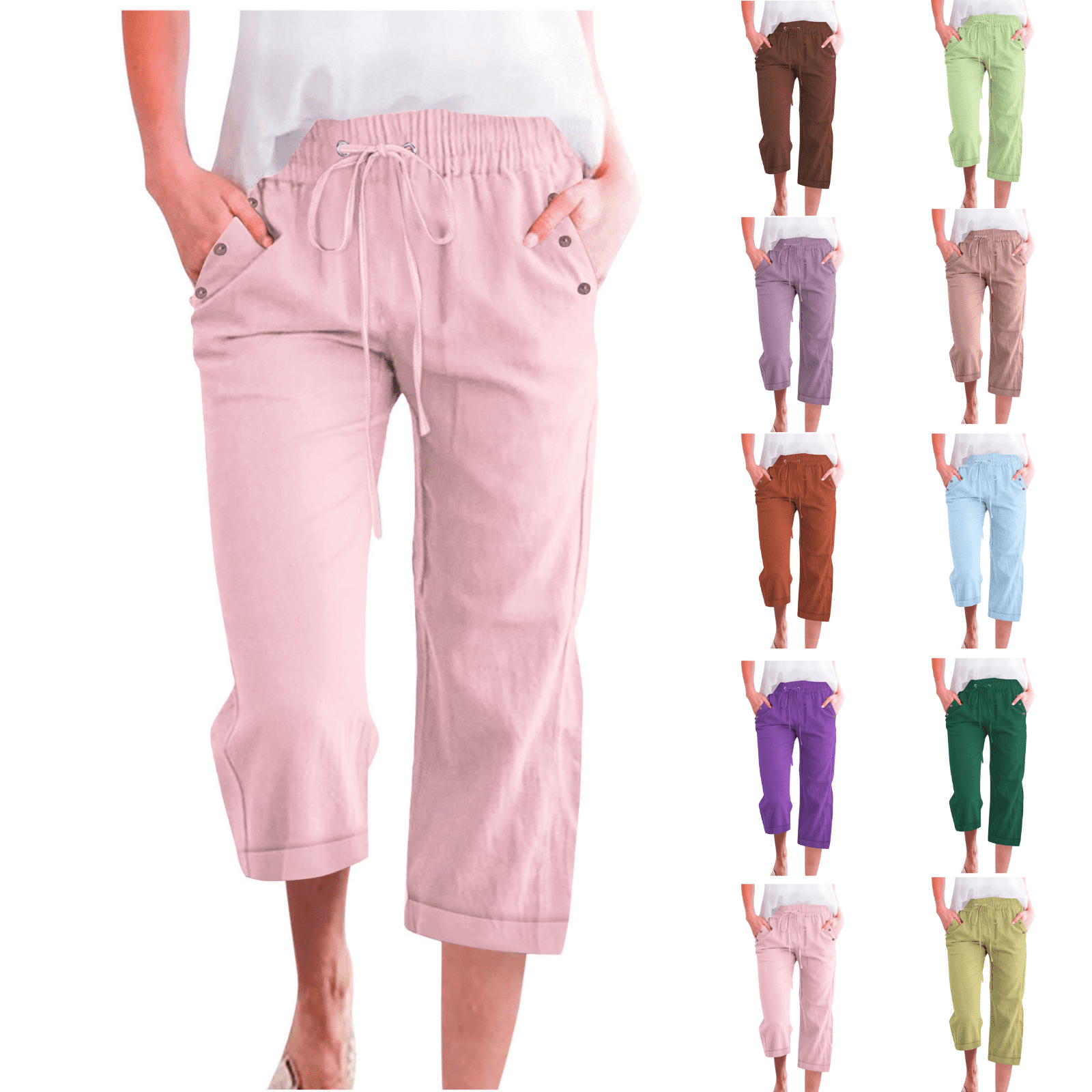 BVOFAR Women's Plus Size Linen Capri Pants Dressy Casual Elastic Waist Cropped Trousers Lightweight Drawstring Pedal Pushers Summer Beach Vacation Capris Brown XXXXL