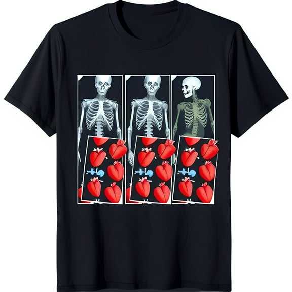 Vintage X Ray Style Black T-Shirt with Skeletons & Red Heart Graphic