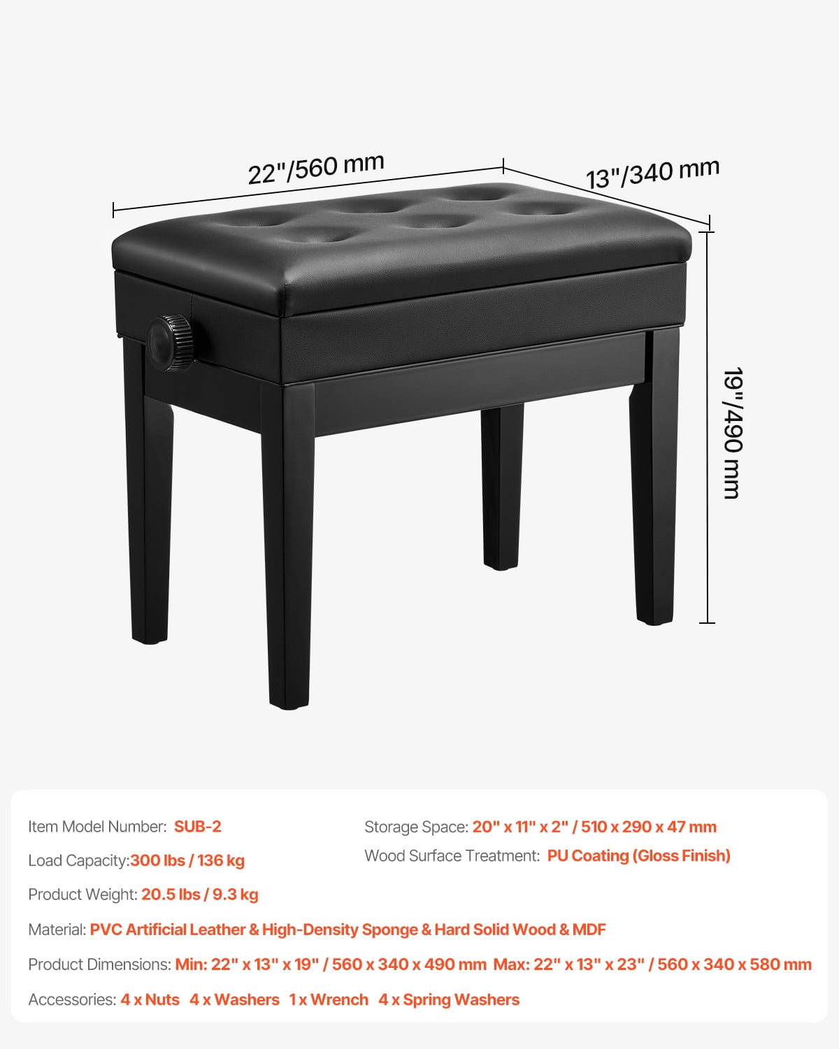 KFFKFF Piano Seating, 22" x 13" x 19.3", Piano Keyboard Seating with 19.3"-22.8" Height Adjustability, Cushioned Seat, Storage Space for Sheet Music, Timber Piano Bench, Suitable for Vanity